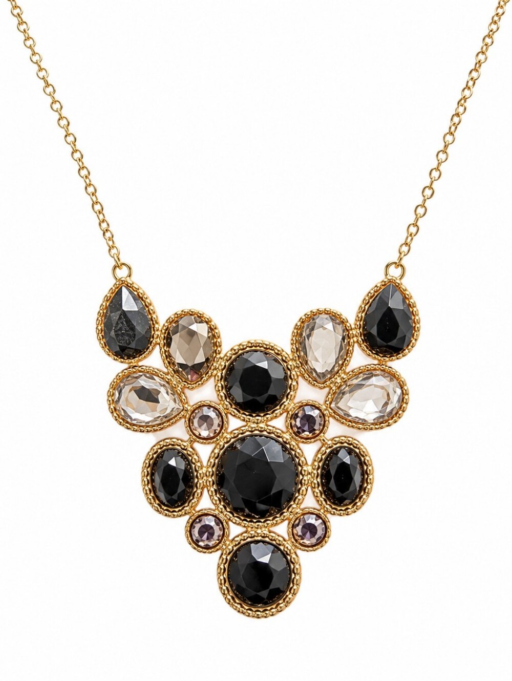 Vintage Gold Tone Black Faceted Rhinestone Statement Bib Necklace
